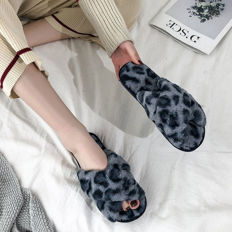 Women's winter fashion cotton slippers - korean style leopard print, perfect for office, home, indoor use, bedroom, and casual wear - fluffy one-strap slides
