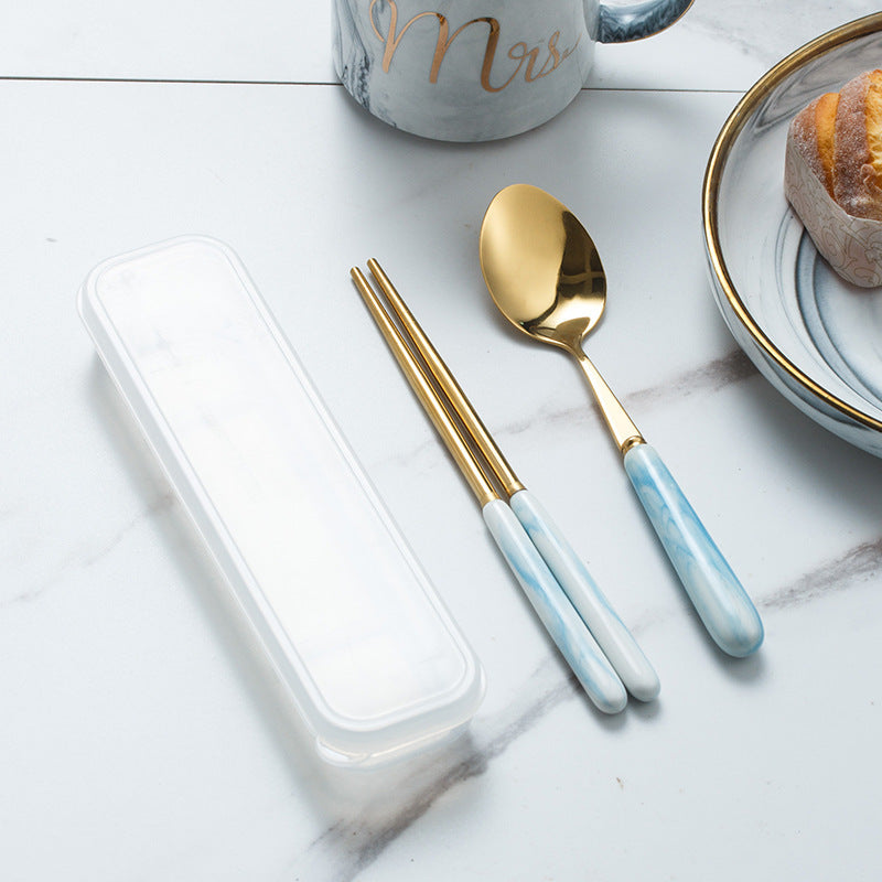 European-style marble pattern cutlery set - stainless steel minimalist titanium gold fork, spoon, chopsticks with portable utensil case - wholesale