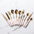 ceramic nordic marble gray dinnerware set - steak knife, stainless steel gold fork, spoon, chopsticks