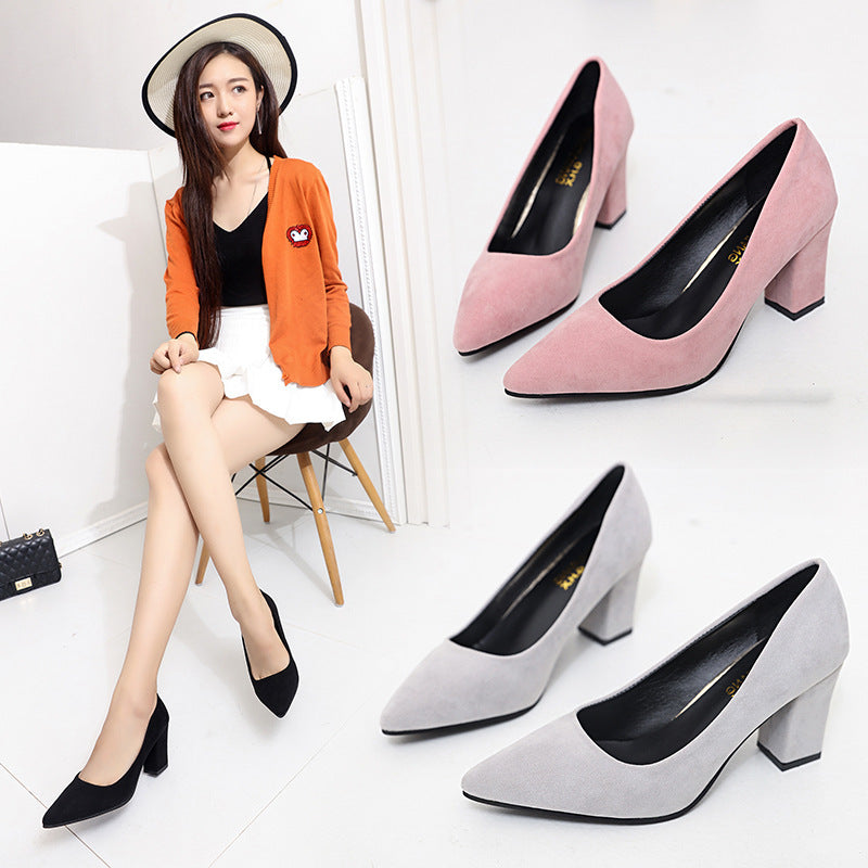 Large size new low-top work women's shoes autumn trimming leather thick heel solid color light mouth PU cover foot pointed high heel women's shoes