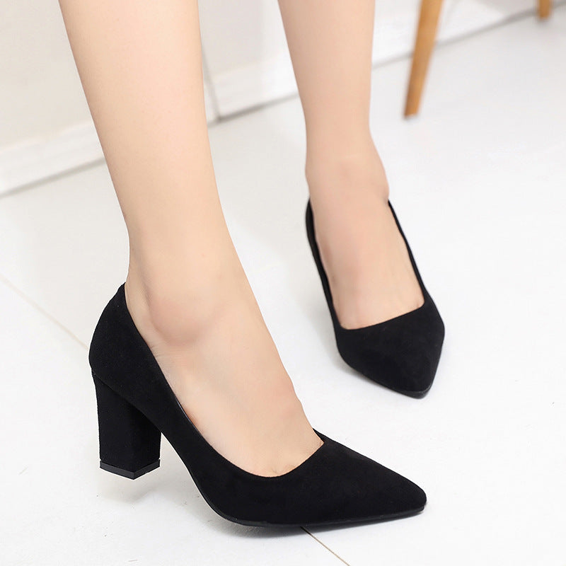 Large size new low-top work women's shoes autumn trimming leather thick heel solid color light mouth PU cover foot pointed high heel women's shoes