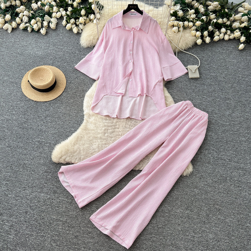 Lazy style stripesshirtloose pantstwo-piece set female summer lapel casualcasualelegantsuitsense of design