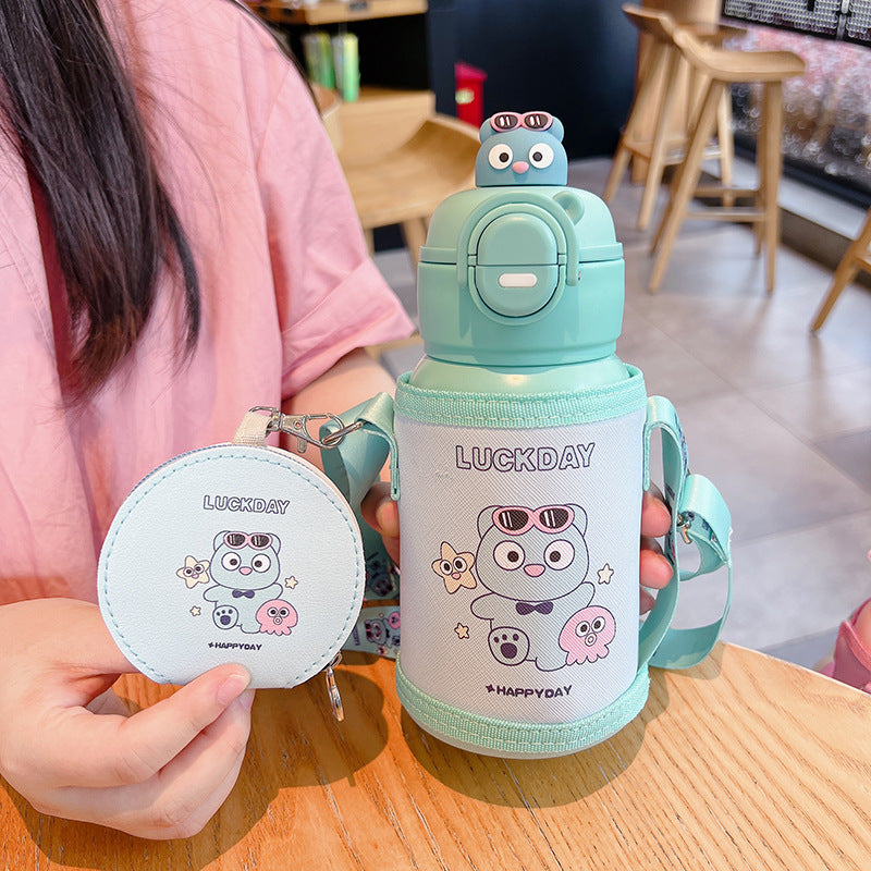 New cartoon character double-drink kids' thermos cup, 316 stainless steel food-grade water bottle with sleeve and straw