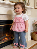 new cross-border baby & toddler bow print cami top & heavy-duty washed denim pants set