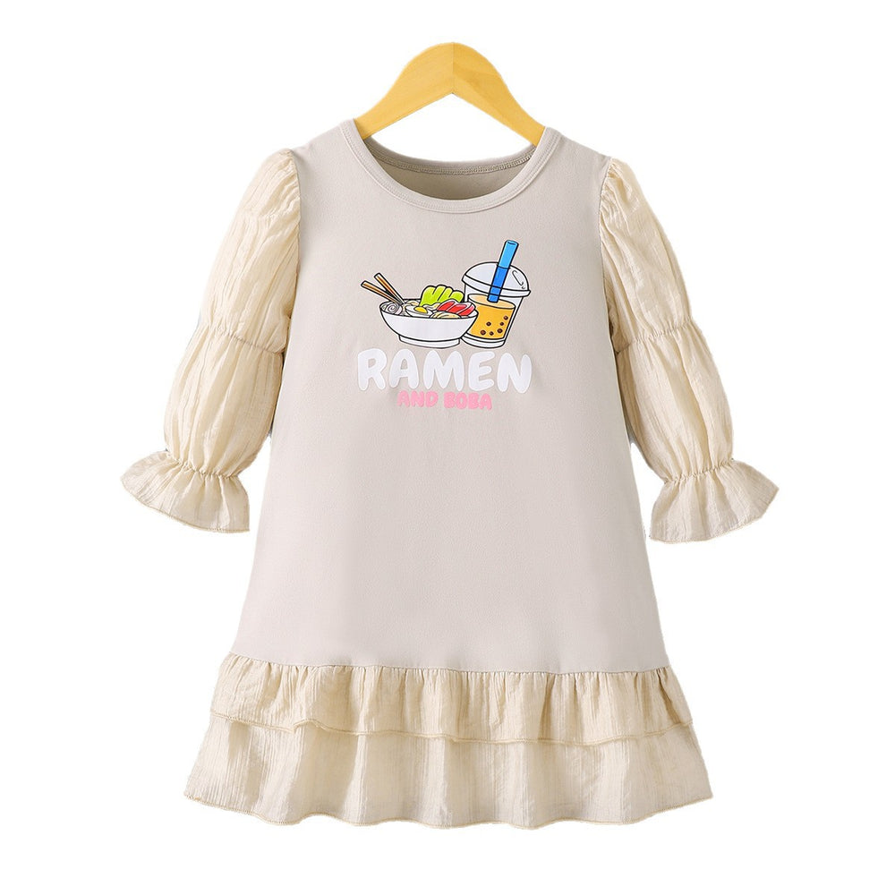 Girls' export dress - beige with patchwork sleeves, lace hem, and cartoon appliqués - autumn long-sleeve dress for children