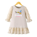 Girls' export dress - beige with patchwork sleeves, lace hem, and cartoon appliqués - autumn long-sleeve dress for children