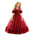 girls' red high-end formal dress, little girl's dress, holiday performance costume, kids' stylish puffy tutu skirt