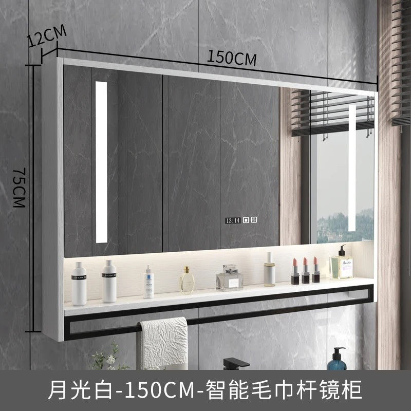 Smart bathroom mirror cabinet wall-mounted with lamp defogging separate solid wood mirror cabinet with towel bar bathroom storage mirror case