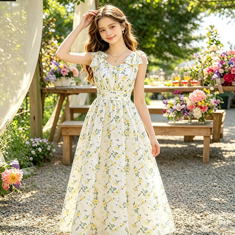 French style teen girl's chiffon floral print sundress - elegant, mature, european-inspired, cross-border fashion