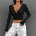 women's new black v-neck cut outlong sleeves t-shirt waist slimming look waist sexy hot girl style tops