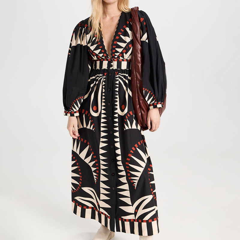 cross-border e-commerce european and american women's clothing: new summer collection - lantern sleeve printed collar, cinched waist, and flared maxi dress