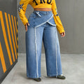 Fashionjeans women's deconstructed shredded wool patchworkhigh waistloose denim women's pants exportplus sizestylish wide-leg pants