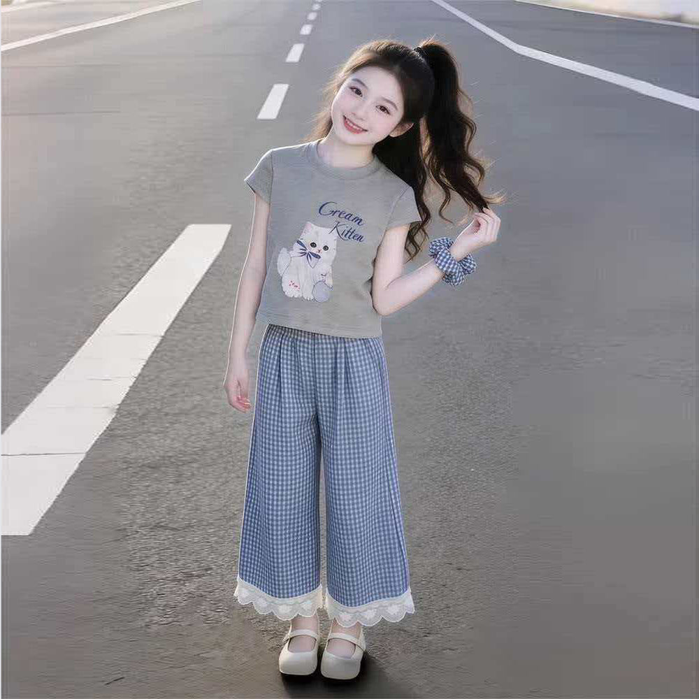 Girls' outfit  new children's wear girl's cat letter plaid two-piece set casual short sleeve summer fashionable style