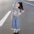 Girls' outfit  new children's wear girl's cat letter plaid two-piece set casual short sleeve summer fashionable style