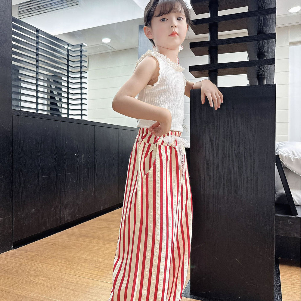 Girls' pants  new korean style kids striped lace waistband loose wide leg pants girls summer straight leg trousers