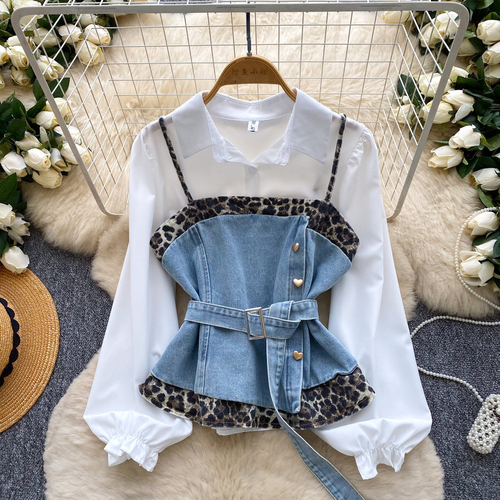 French retro leopard print two-piece set for women - spring/autumn, cinched waist, tie-up layered vest, high-end outfit