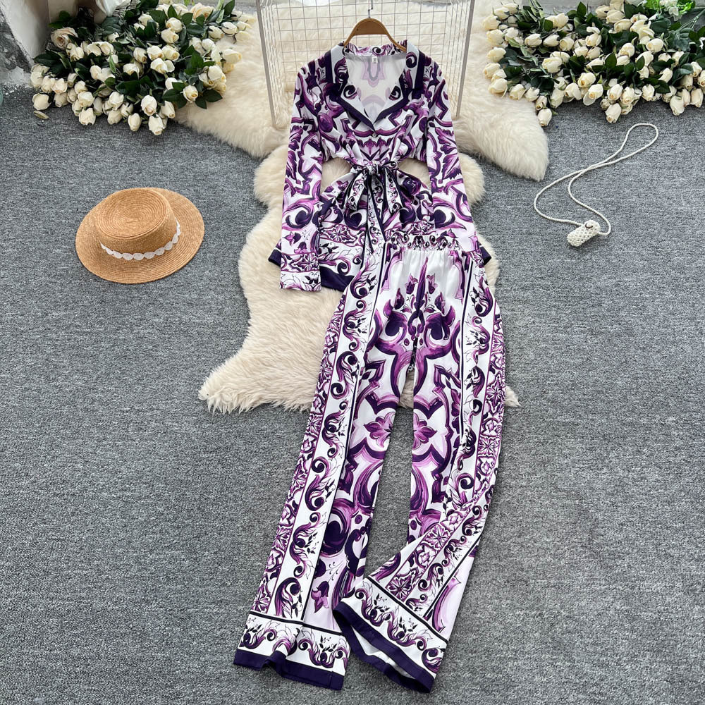 European and american retro chic position print tie-waist collared long sleeve top and high-waisted wide-leg straight pants set for women