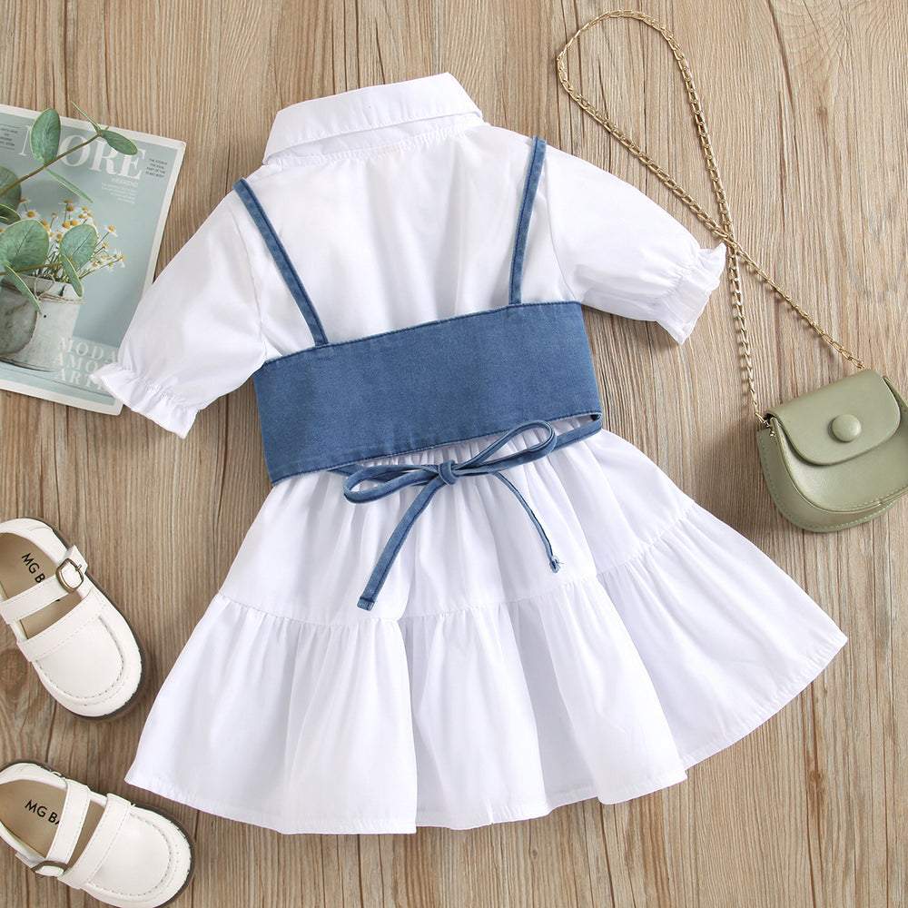 new product girl fashion style socialite pure color short-sleeved patchwork petticoat tie back denim camisole suit