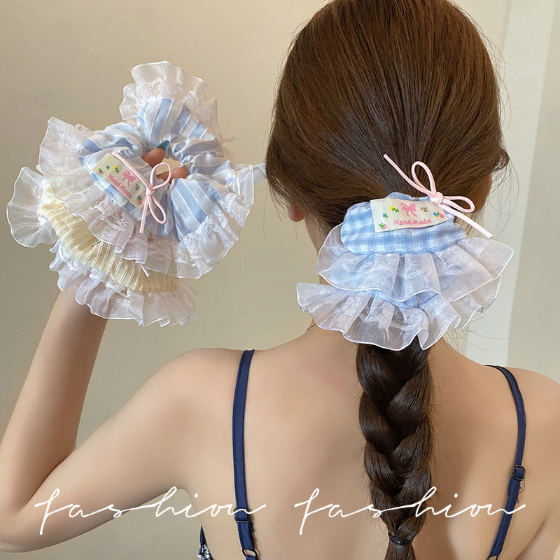 Hair tie women's classy style fashion cream white polka dot lace double layer large intestine hair rope tie hair durable headband