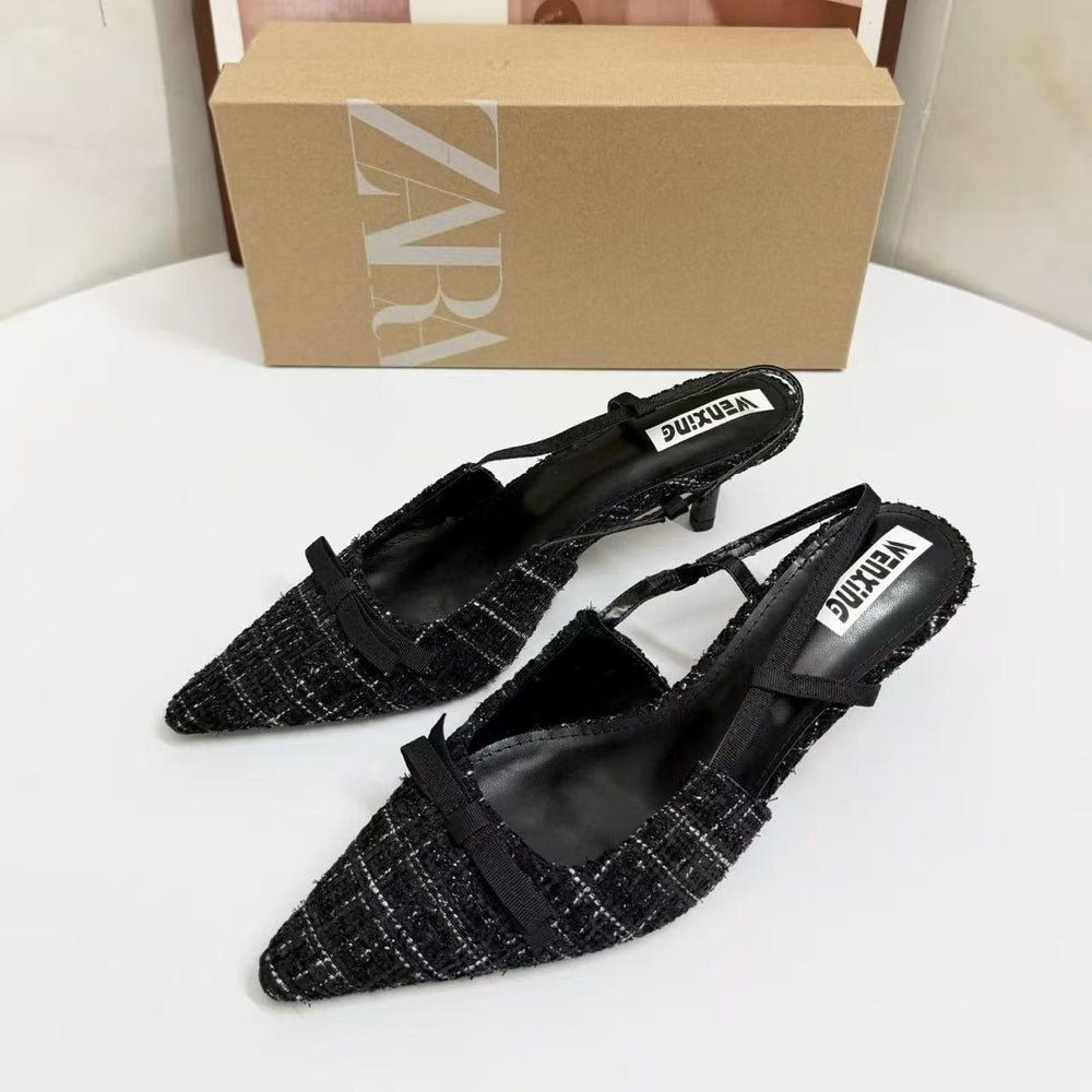Za2026springnew arrival women's shoes french tweed style high heels women's toe sandals pointed toe socialite elegantflats