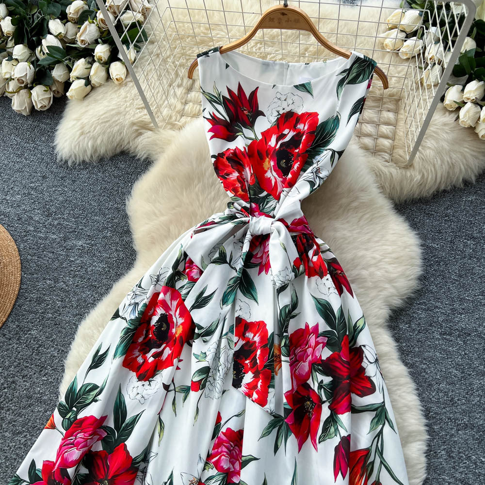 European and american style niche fashion printed dress - women's high-end tie-waist slimming sleeveless vest maxi dress