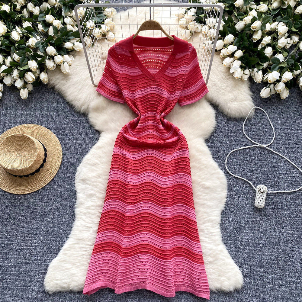 Luxury striped knit dress for women - summer v-neck, hollow-out, lightweight, breathable, slim-fit, designer maxi dress