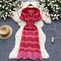 Luxury striped knit dress for women - summer v-neck, hollow-out, lightweight, breathable, slim-fit, designer maxi dress