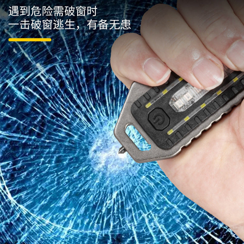 Cross-border new keychain light Type-C charging outdoor emergency survival whistle safety hammer mini flashlight