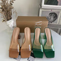 Z's 2024 spring and summer square toe one-piece pvc transparent high heel crystal heel thick heel rear air quality fashion sandals for women