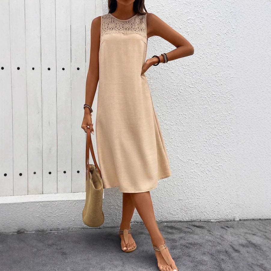 european and american cross-border  spring/summer new casual lace patchwork round neck solid color sleeveless women's dress