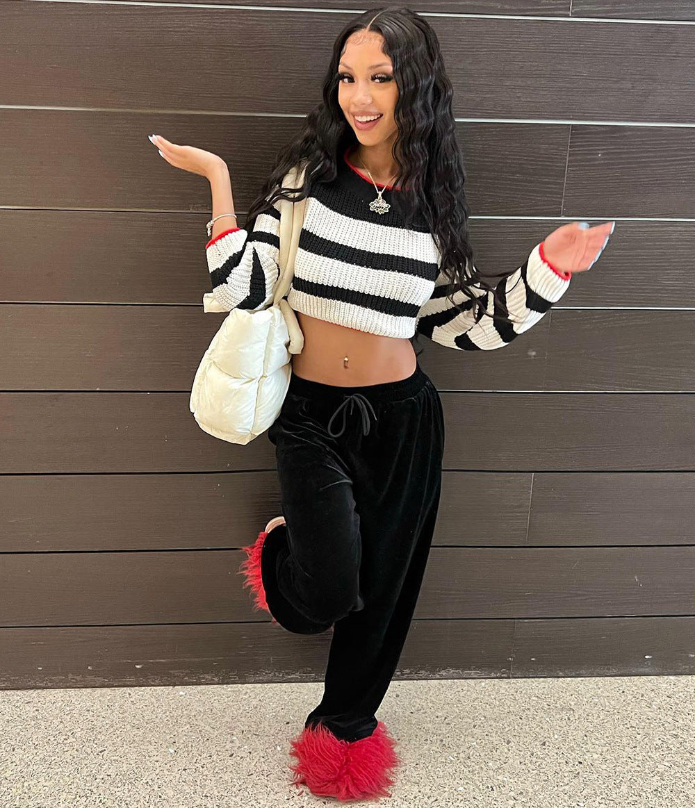 European and american cross-border women's apparel:  winter new arrivals - women's sexy backless tie-up striped patchwork sweater top