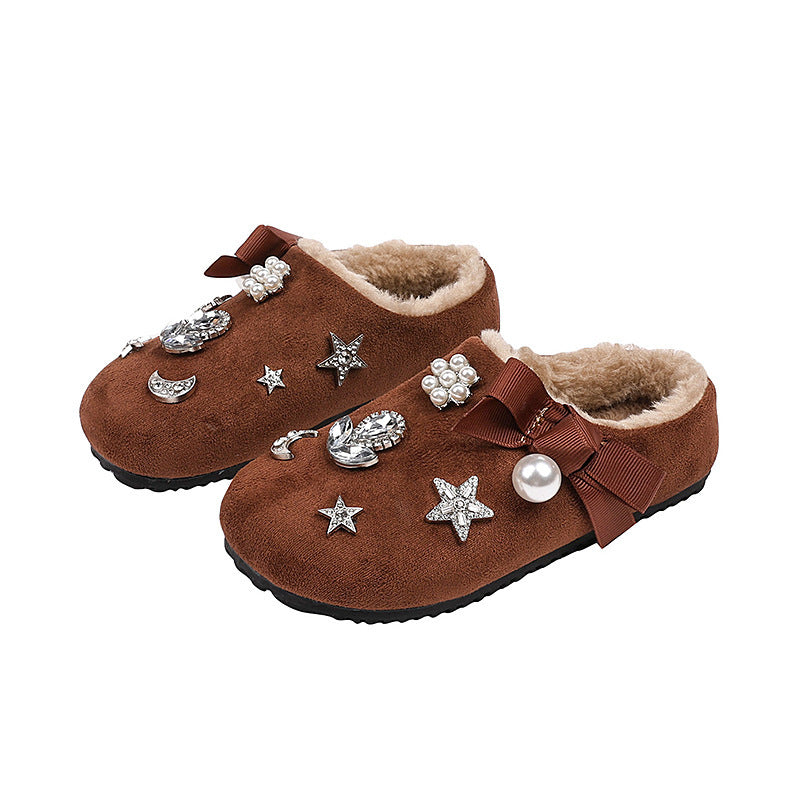 Kids winter half mule birkenstock shoes new arrivalk-stylegirlfashion rhinestone heattech cotton shoes for children