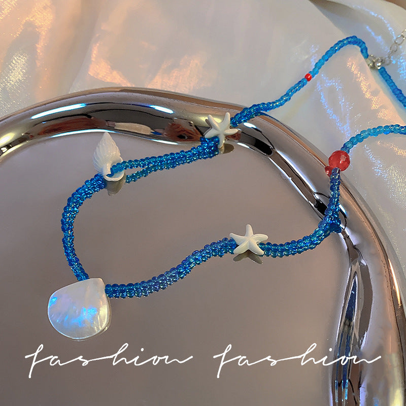 Seashell starfish blue beaded necklace - unique design, trendy clavicle chain, perfect for spring/summer beach getaways