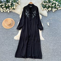 French retro 3d floral embroidered red a-line dress - women's autumn korean style long sleeve slimming elegant maxi dress