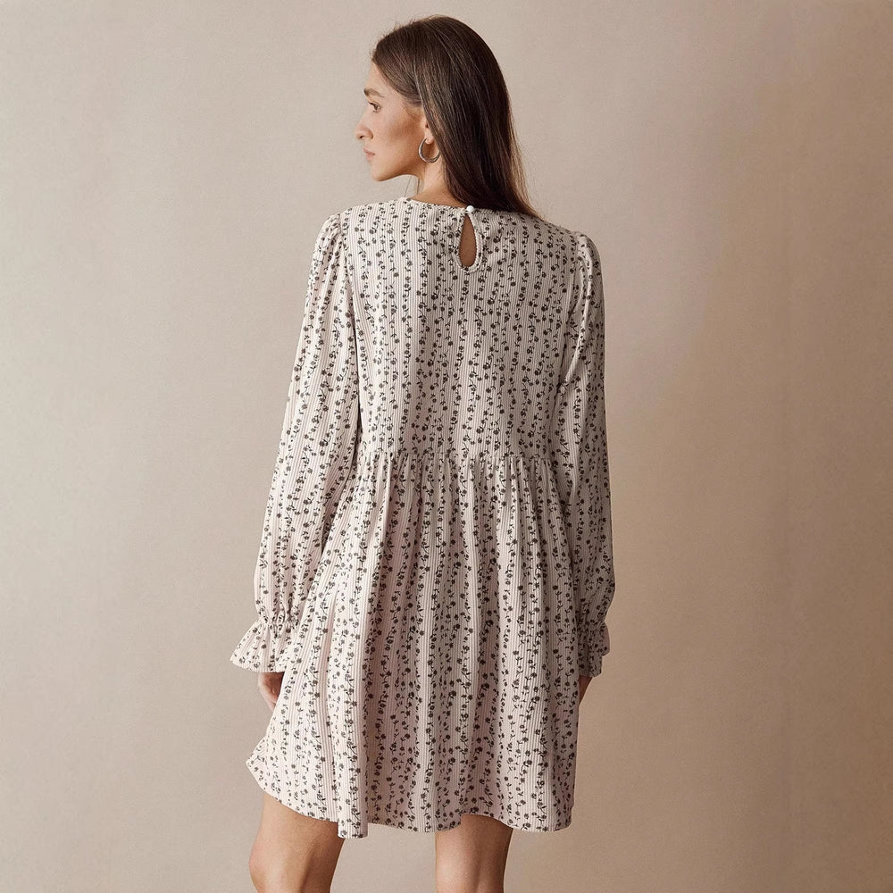 Amazon fashion cross-border export women's floral flare sleeve short dress - round neck high waist loose fit