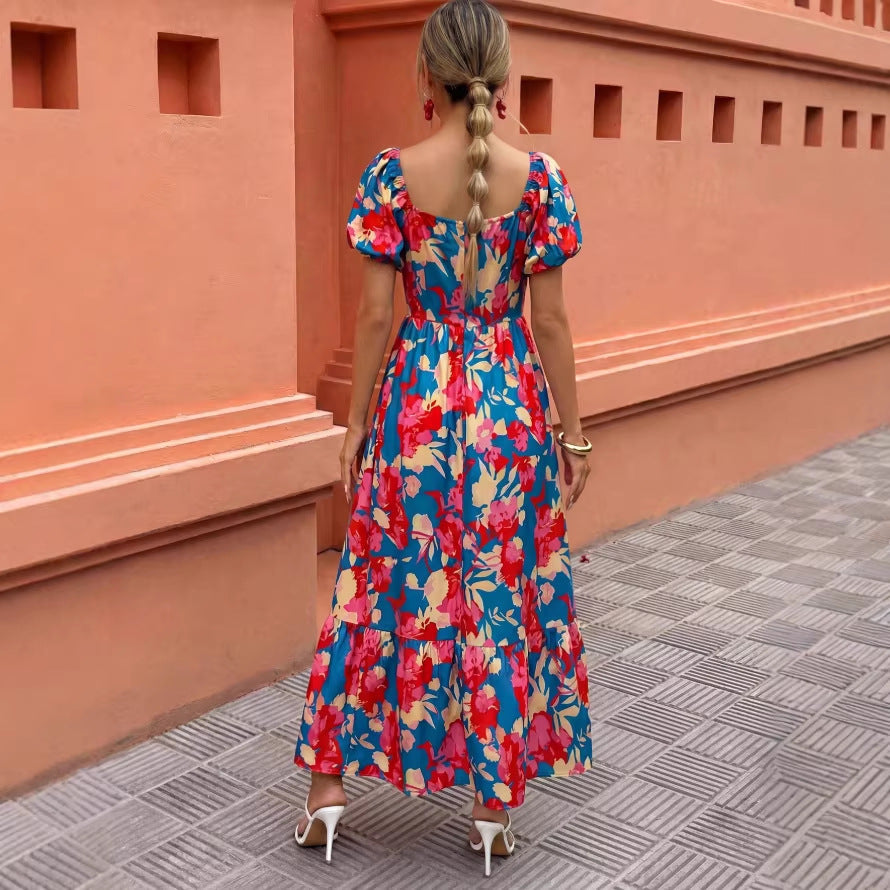 new european and american print ruffle trim square neck puff sleeve dress