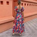 new european and american print ruffle trim square neck puff sleeve dress