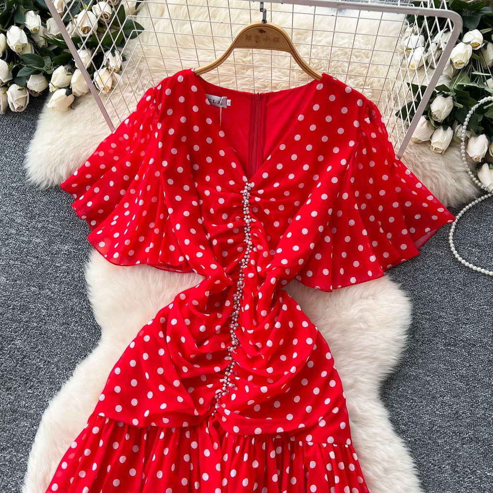 French-style embellished v-neck flared sleeve bodycon dress - women's 2025 summer slimming chic polka dot chiffon maxi dress