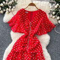 French-style embellished v-neck flared sleeve bodycon dress - women's 2025 summer slimming chic polka dot chiffon maxi dress