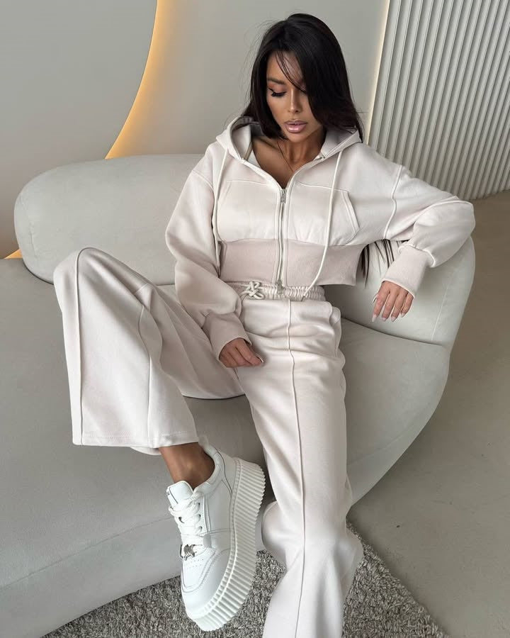 European and American  casual cotton set, long-sleeved zipper cardigan, waist hooded sweater, lace-up wide-leg pants two-piece set