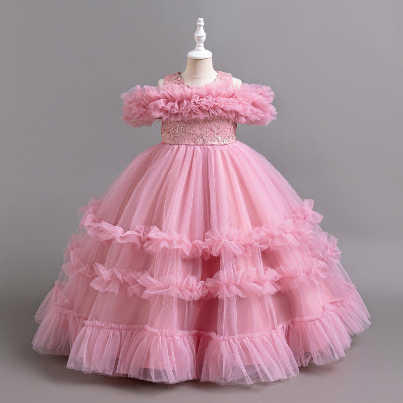 Export cross-border fashion style girl dress long piano performance flower girl wedding dress tutu skirt birthday in stock hot sale