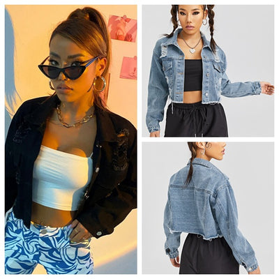 Ready stock - yt030  cross-border fashion women's casual loose ripped long sleeve cropped denim jacket