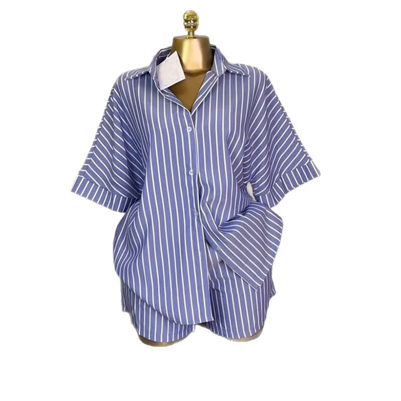European and american cross-border women's fashion:  summer new collection - stylish blue and white striped loose-fit shirt and high-waisted wide-leg shorts set