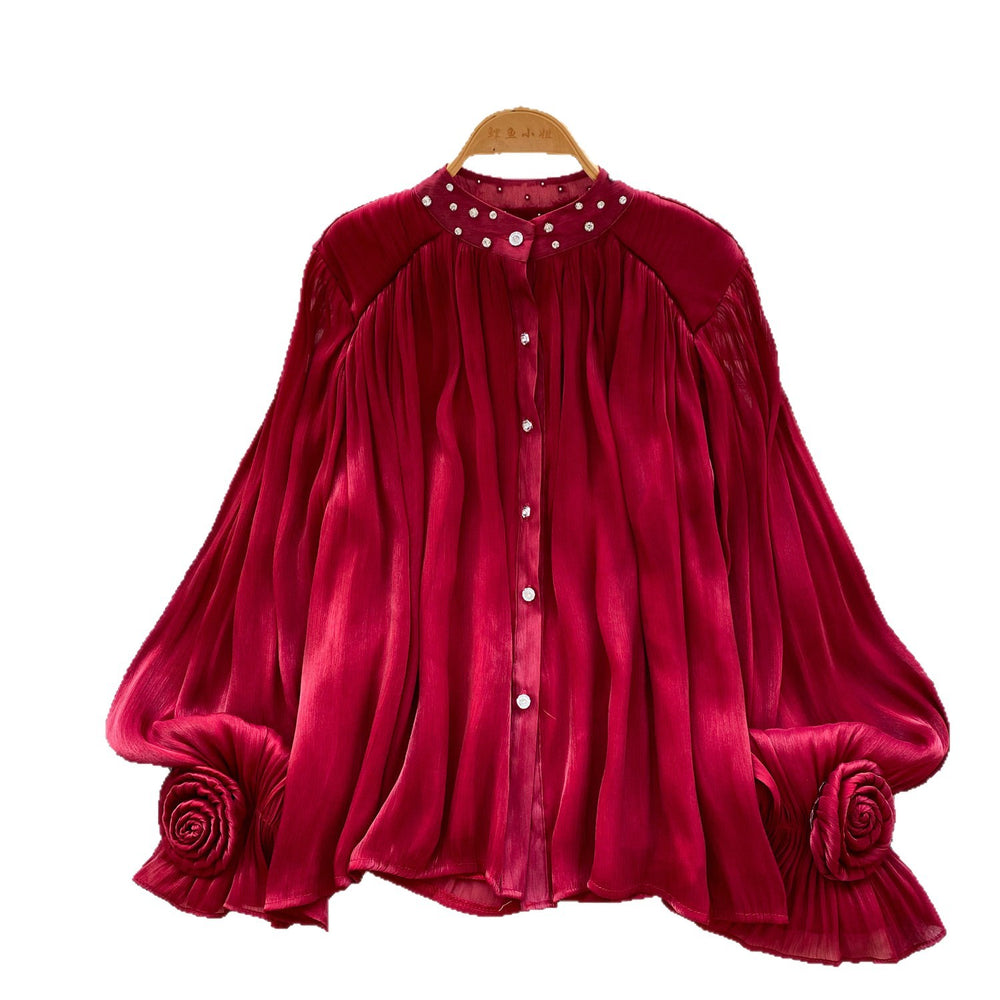 French style gentle flare sleeve diamond embellished pleated blouse - women's korean style breathable loose fit slimming elegant commute top