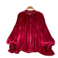 French style gentle flare sleeve diamond embellished pleated blouse - women's korean style breathable loose fit slimming elegant commute top