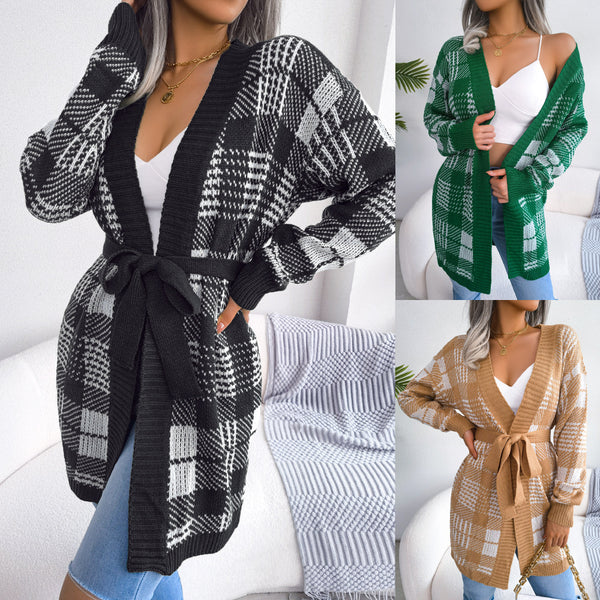ins style European and American autumn and winter plaid straps lantern sleeves casual cardigan sweater jacket,   women's clothing