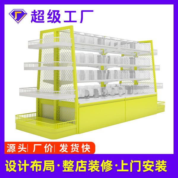 Snack supermarket shelves with bottom cabinets are very busy. Zhao Yiming has good storage for bulk goods. I want to come to the snack food display rack.
