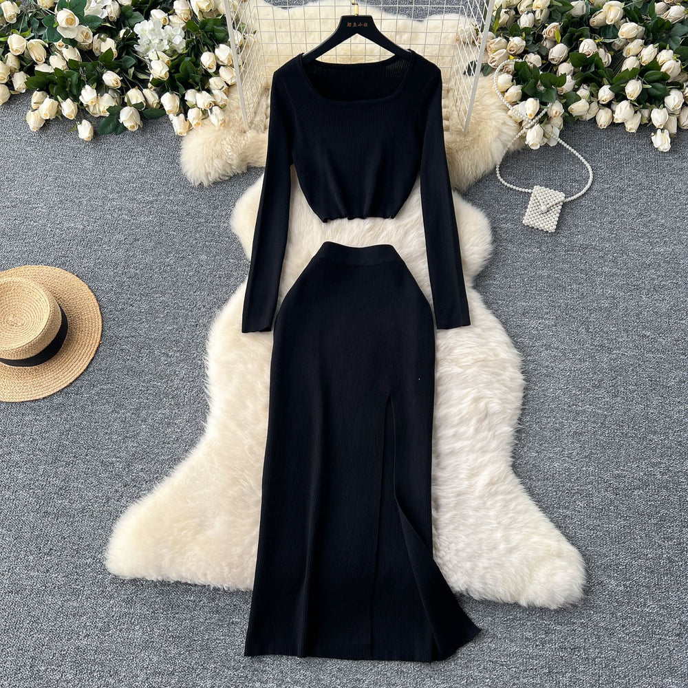 Autumn outfit set: women's chic & sexy short square neck long sleeve knit top with slit slim-fit bodycon midi skirt
