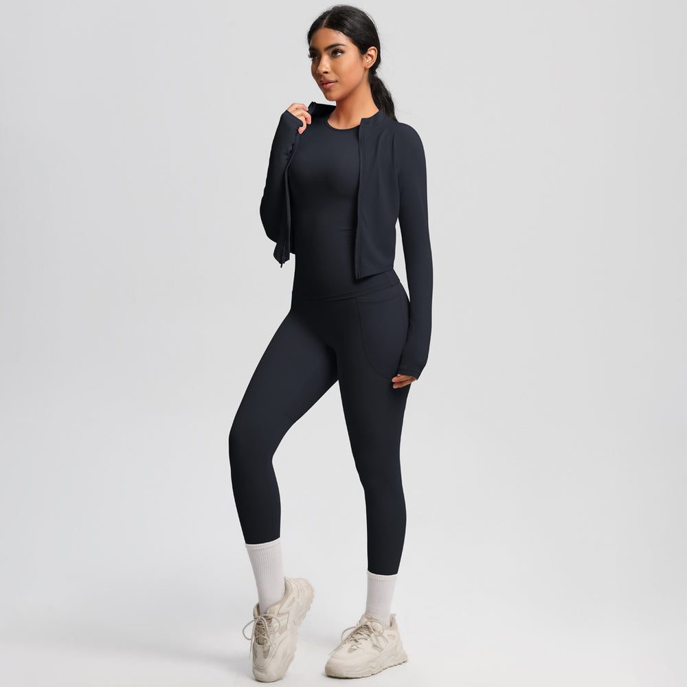 Cloud-soft slim-fit brushed nylon pocket pant set - quick-dry, breathable yoga, running, and fitness activewear three-piece set