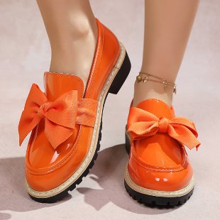 bow loafers for women  foreign trade thick sole medium heel british style retro small leather shoes for women size difference 0.5